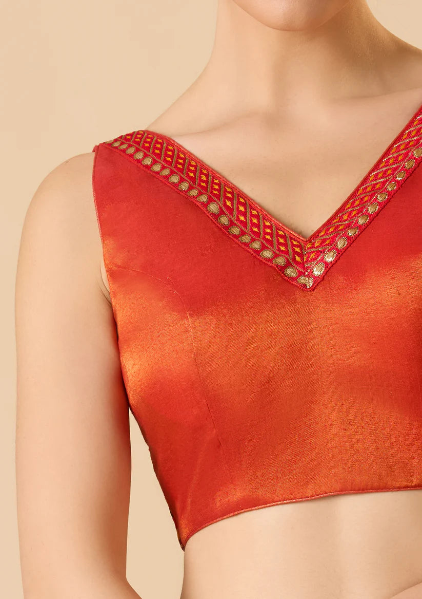 Rust Cotton Tissue V Neck Readymade Blouse