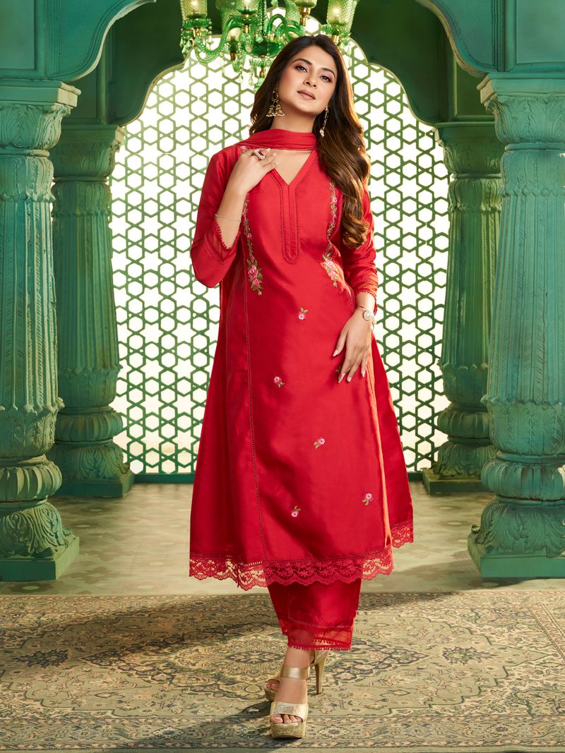 red embroidered kurta set