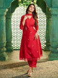 red embroidered kurta set