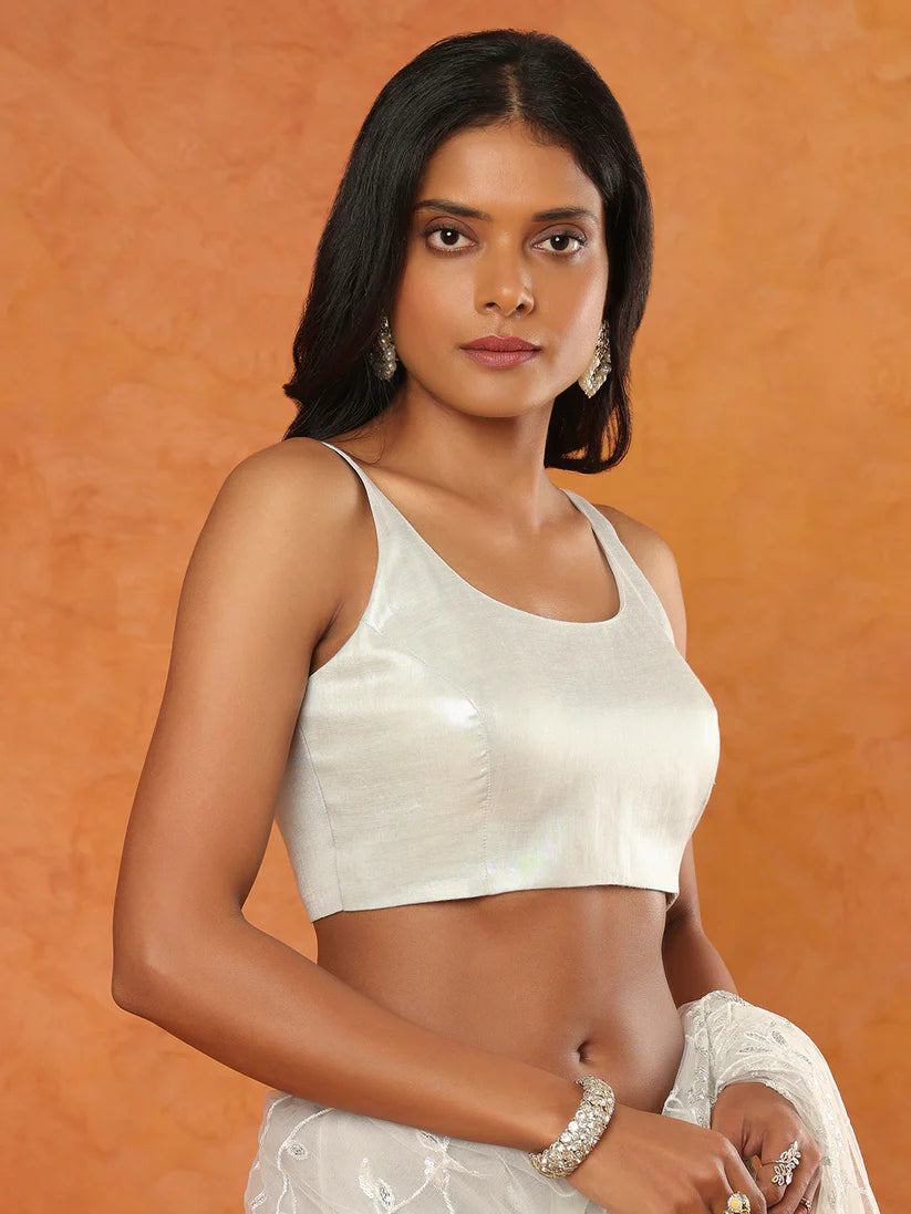silver tissue sleeveless readymade blouse