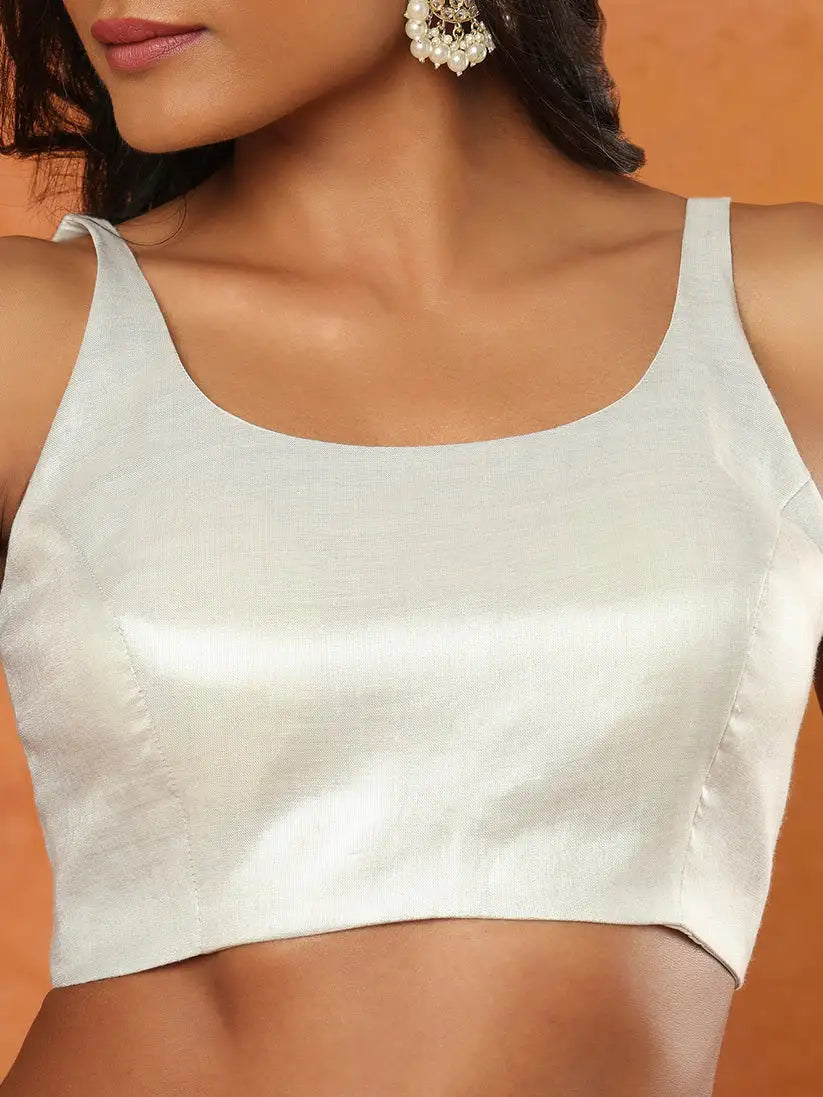 silver tissue sleeveless readymade blouse
