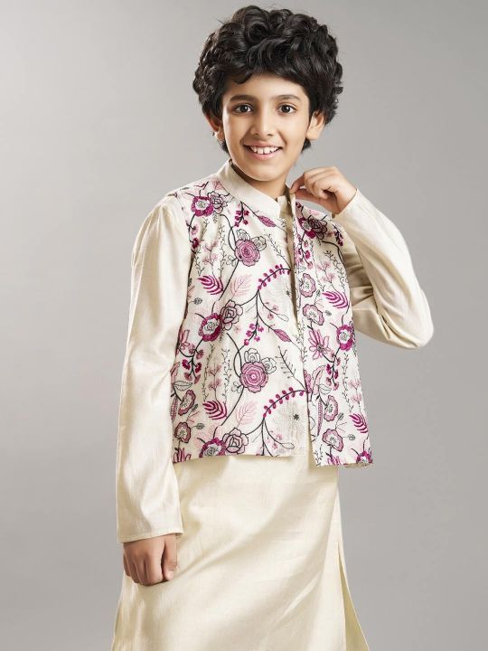 full sleeves booti embroidered straight cut kurta pyjama with jacket offwhite