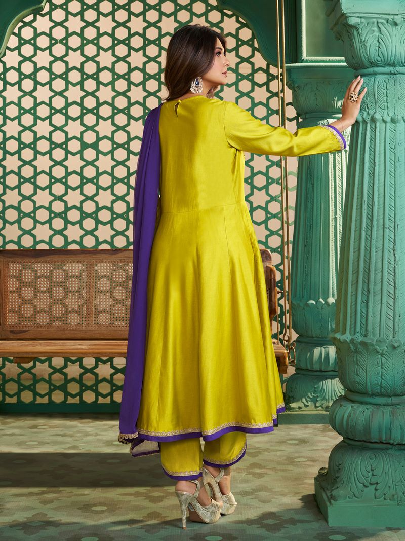yellow purple embroidered anarkali kurta set