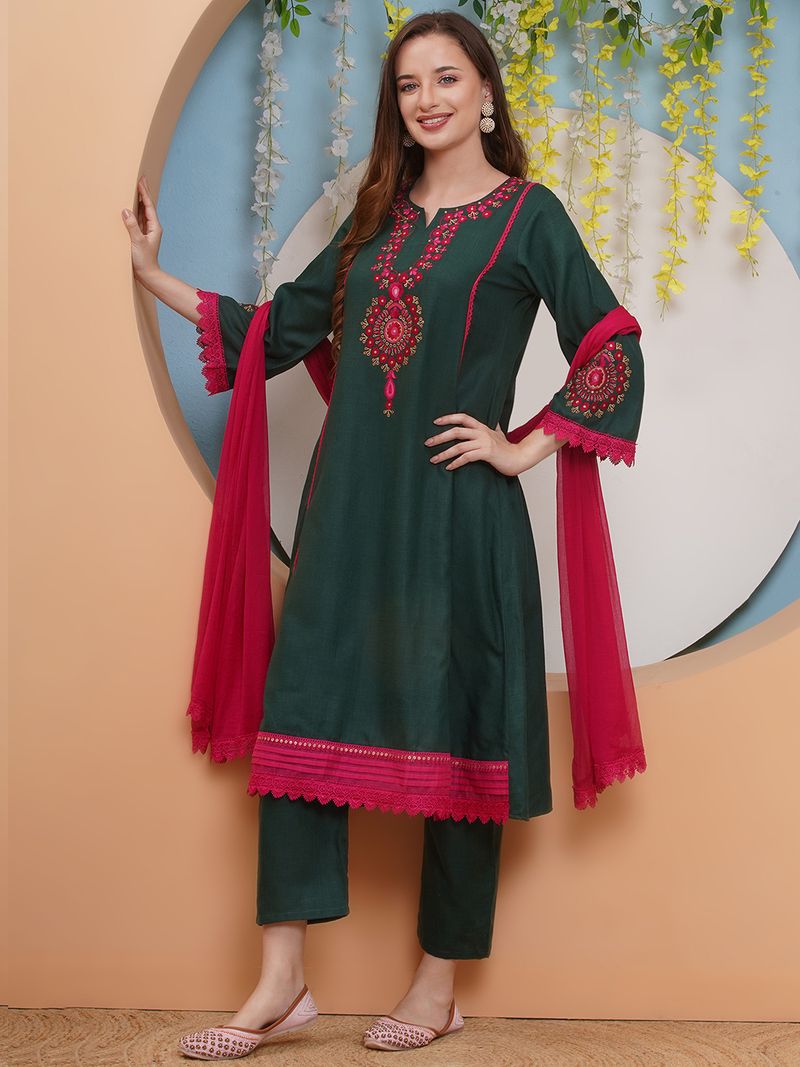 green pink embroidered kurta set