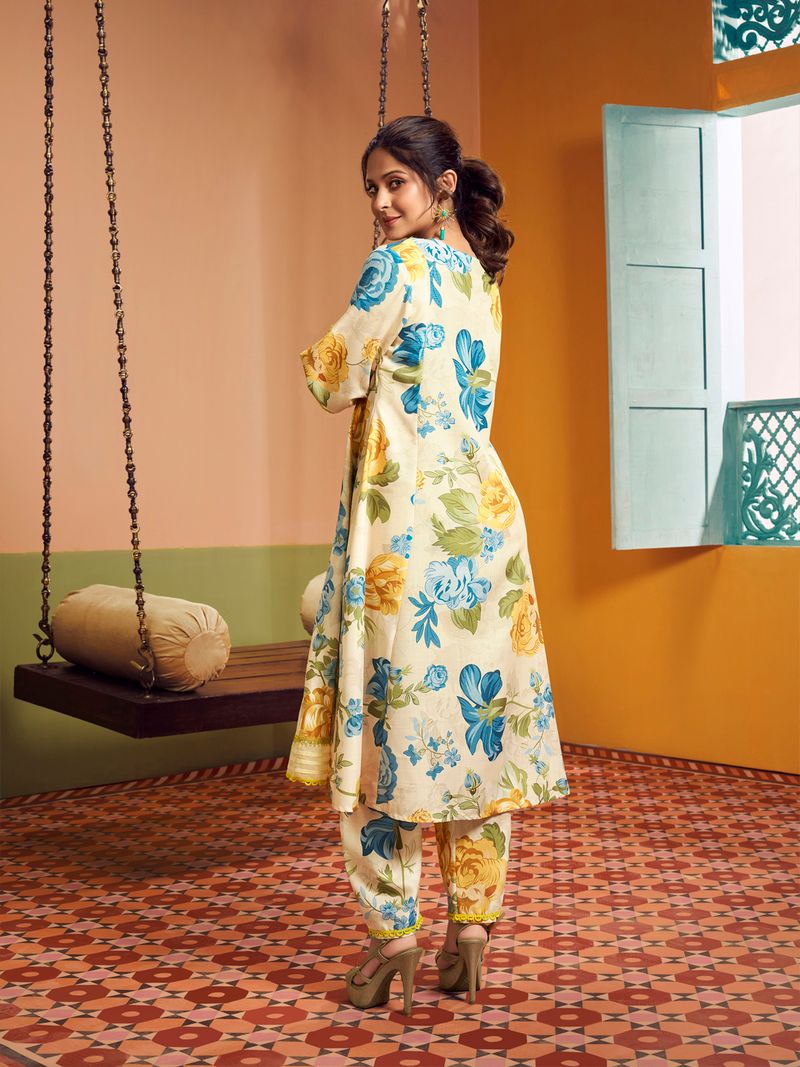 beige multi blue yellow floral printed kurta set