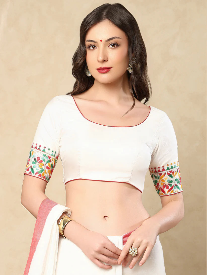 White Silk Round Neck Readymade Blouse With Katha Work