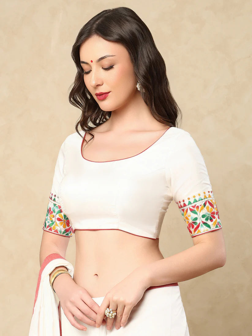 White Silk Round Neck Readymade Blouse With Katha Work