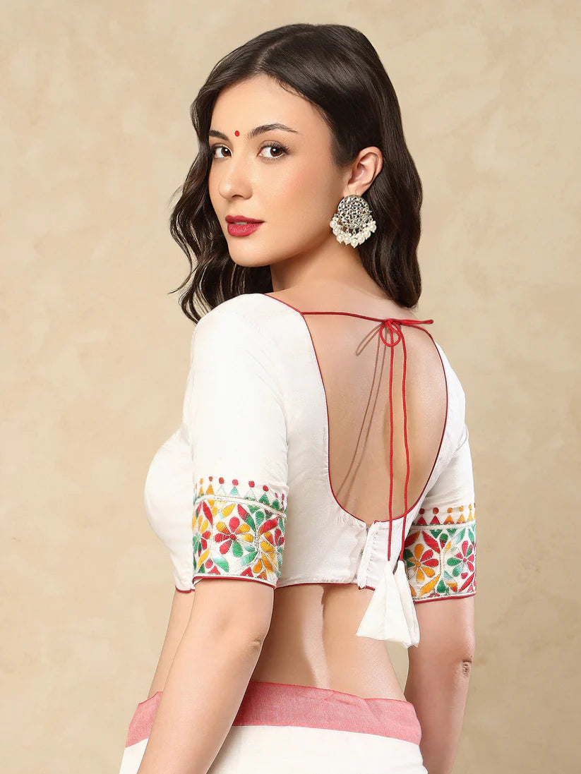 White Silk Round Neck Readymade Blouse With Katha Work