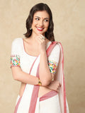 White Silk Round Neck Readymade Blouse With Katha Work