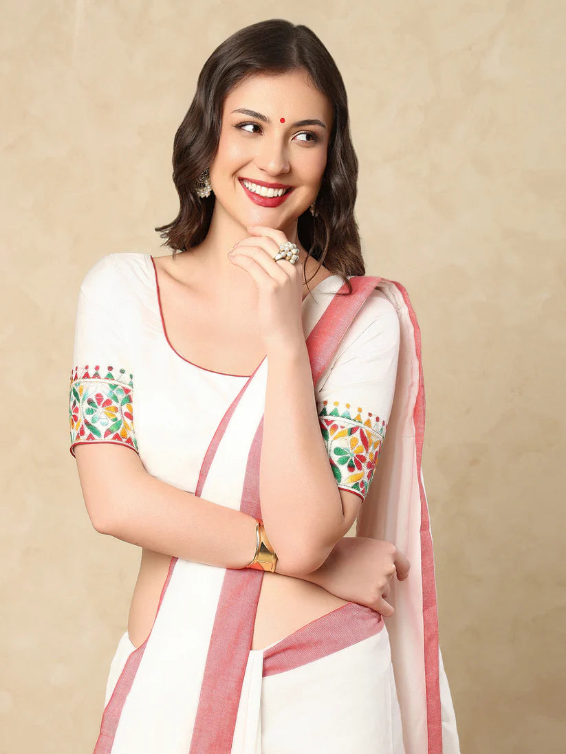 White Silk Round Neck Readymade Blouse With Katha Work