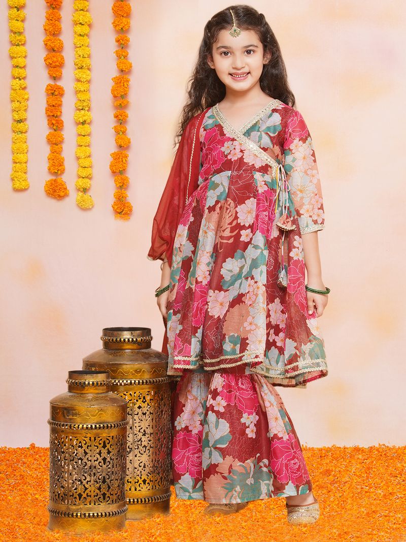 maroon multi floral printed angrakha gotta patti kurta sharara set with dupatta