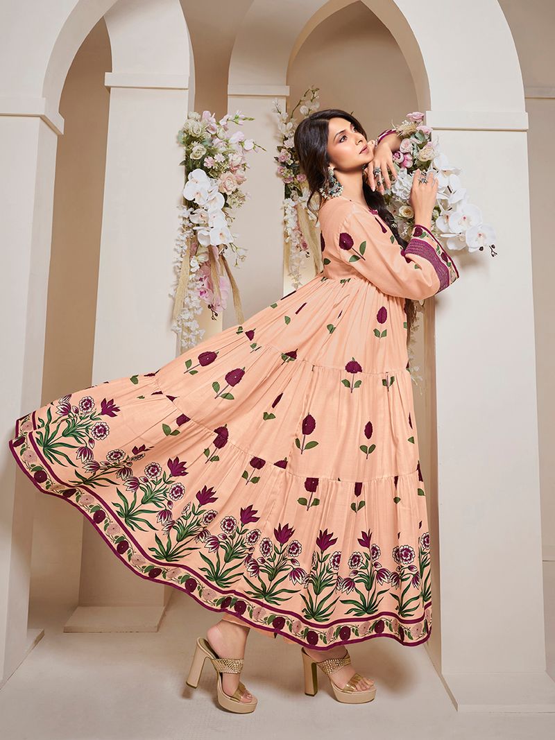 peach floral printed flared tier anarkali kurta with palazzos dupatta