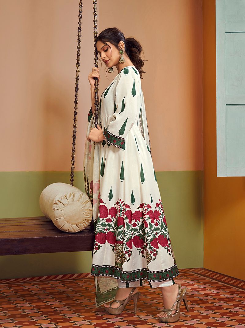 off white floral printed anarkali flared kurta with palazzos dupatta