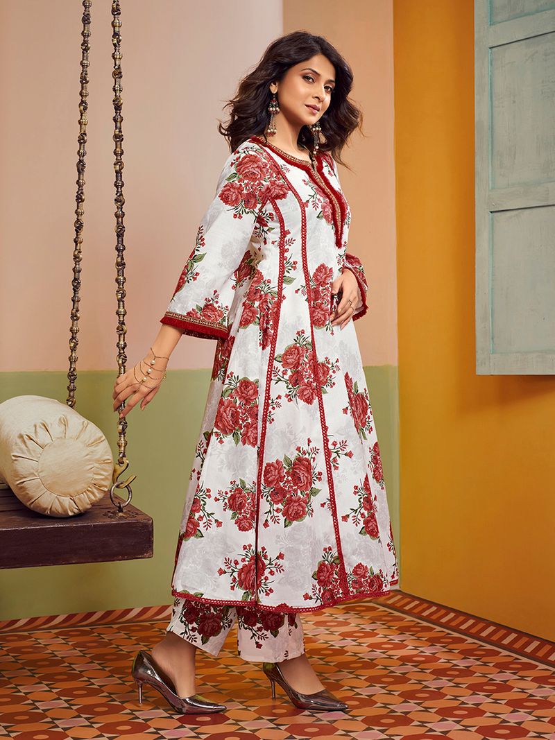 off white red colour floral printed kurta set
