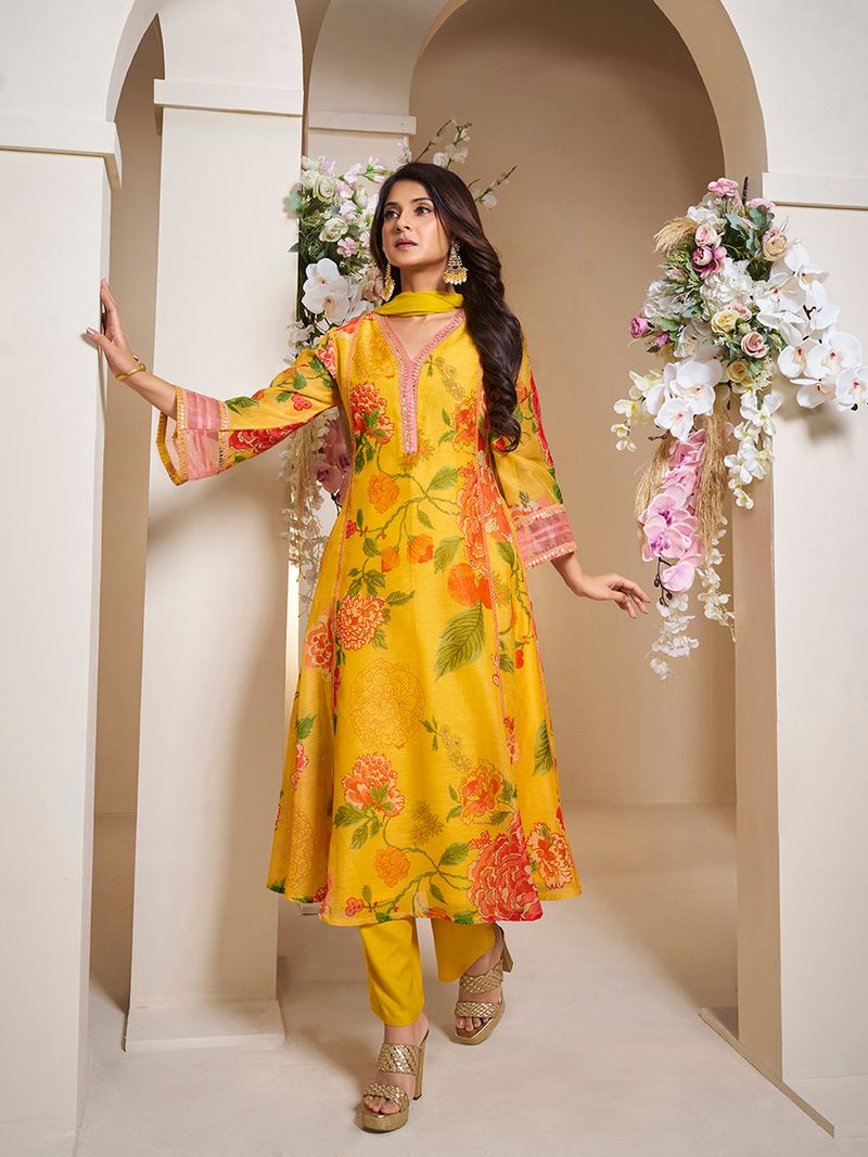 yellow colour floral printed flared anarkali kurta with palazzos dupatta