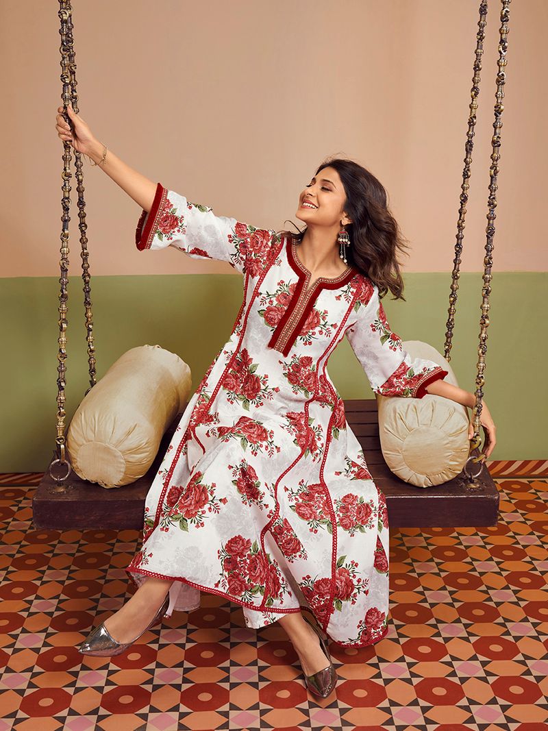 off white red colour floral printed kurta set