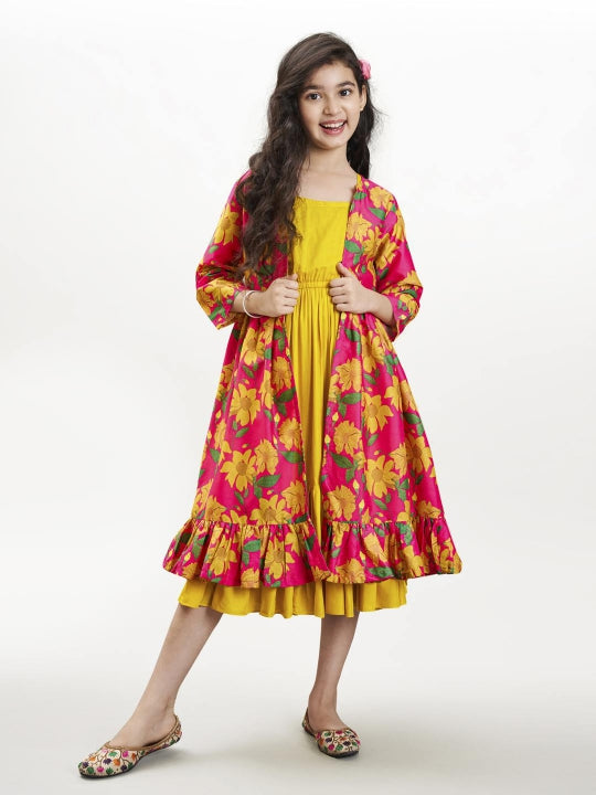 yellow pink floral printed dress