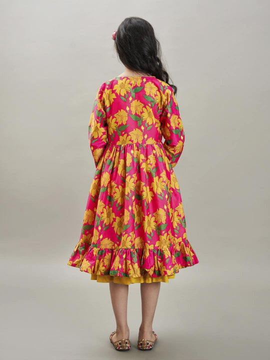 yellow pink floral printed dress