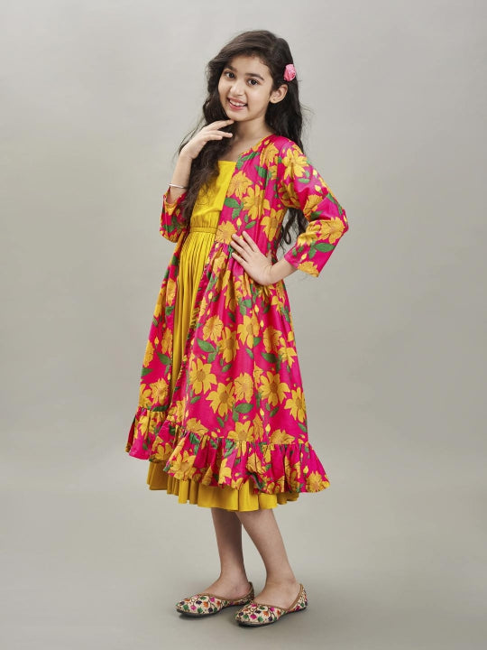 yellow pink floral printed dress