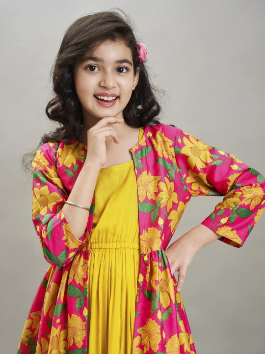 yellow pink floral printed dress