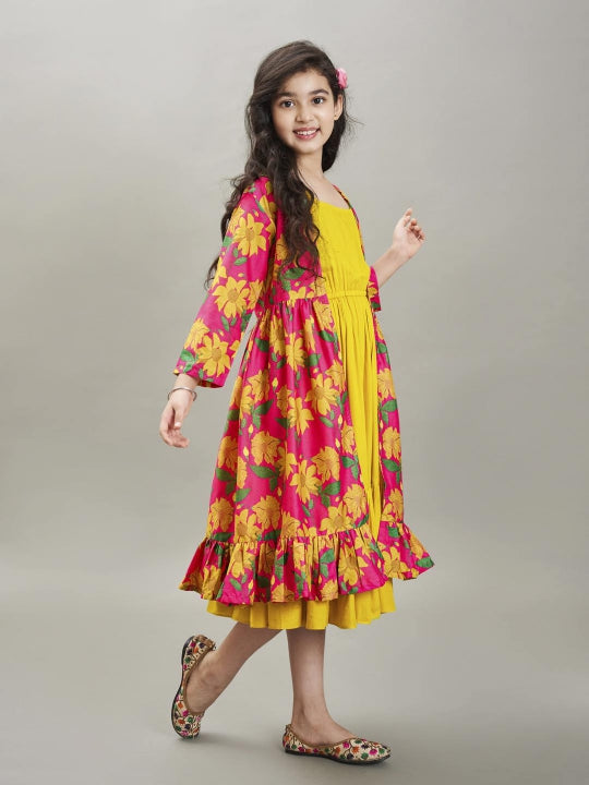 yellow pink floral printed dress