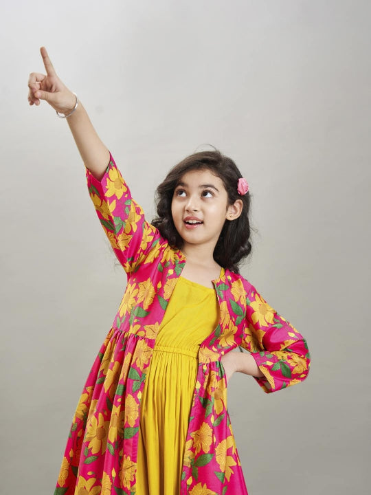 yellow pink floral printed dress