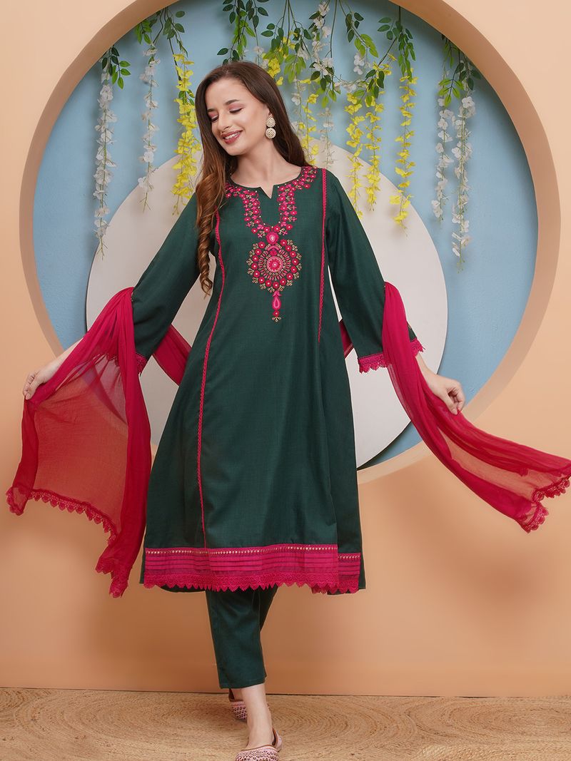 green pink embroidered kurta set